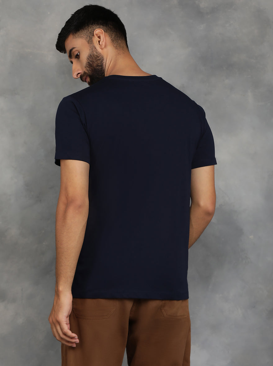 Navy Blue Printed Slim Fit T-Shirt | GreenFibre