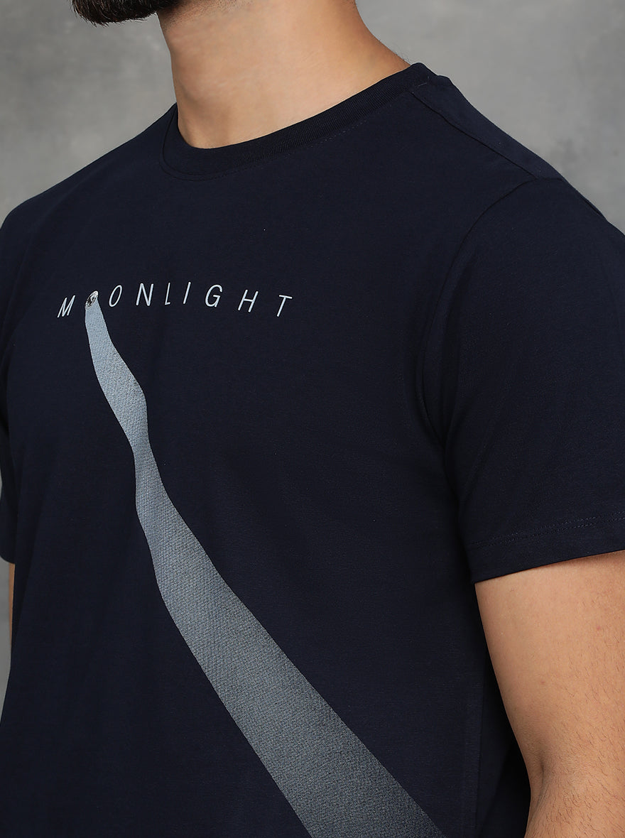 Navy Blue Printed Slim Fit T-Shirt | GreenFibre