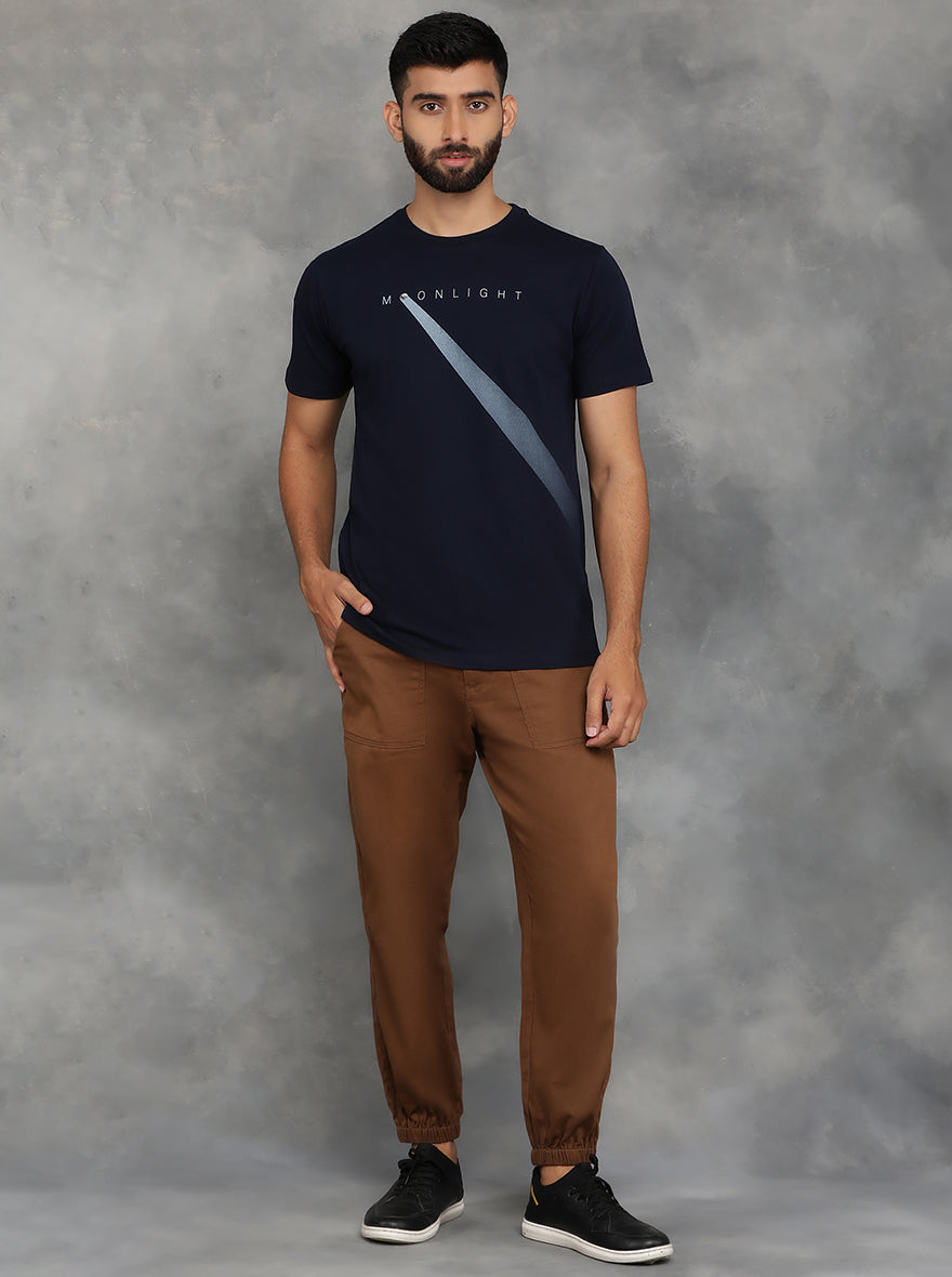 Navy Blue Printed Slim Fit T-Shirt | GreenFibre