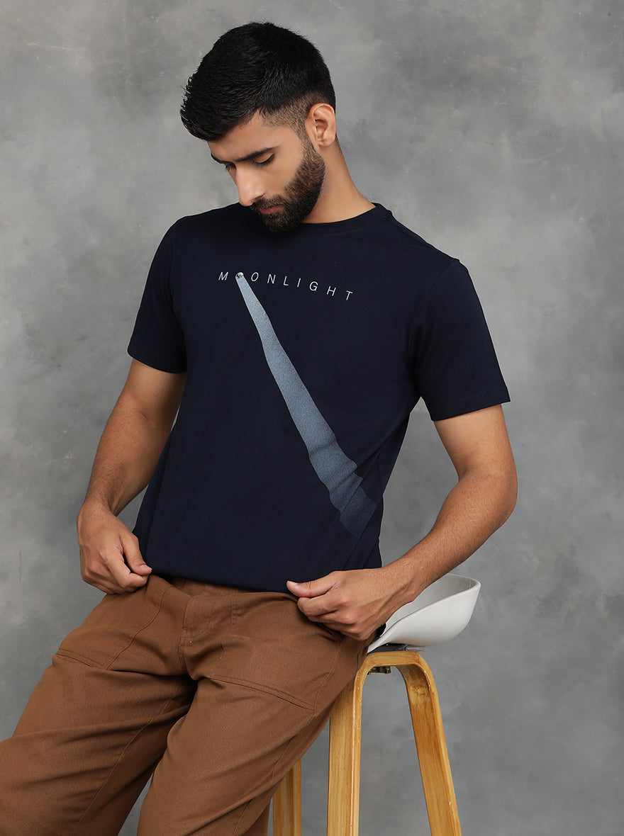Navy Blue Printed Slim Fit T-Shirt | GreenFibre