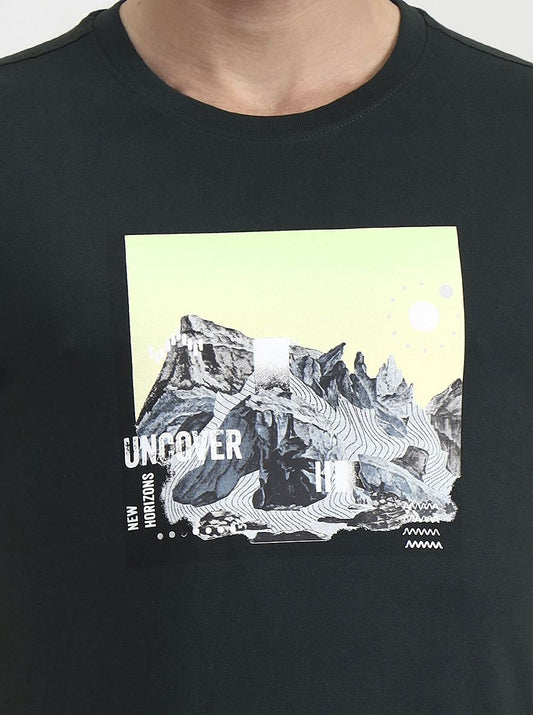 Bottle Green Printed Slim Fit T-Shirt | Greenfibre
