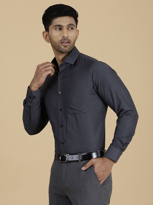 Dark Grey Checked Slim Fit Formal Shirt | Greenfibre