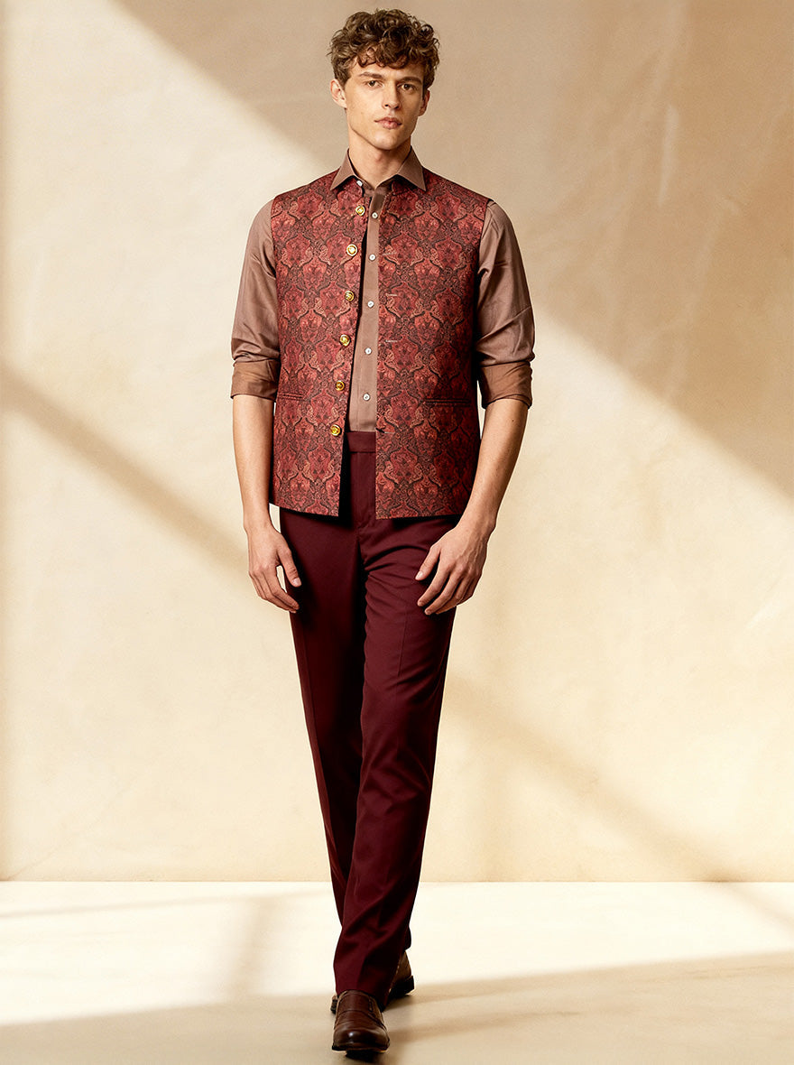 Maroon Printed Waistcoat | Greenfibre