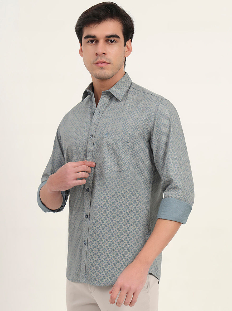 Light Grey & Green Printed Slim Fit Semi Casual Shirt | Greenfibre