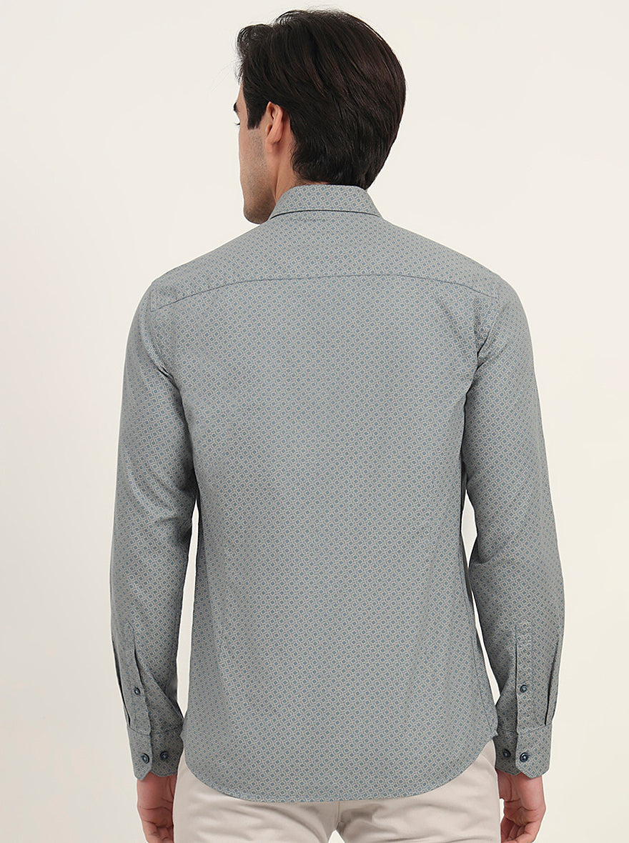 Light Grey & Green Printed Slim Fit Semi Casual Shirt | Greenfibre
