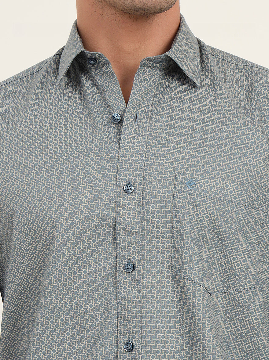 Light Grey & Green Printed Slim Fit Semi Casual Shirt | Greenfibre