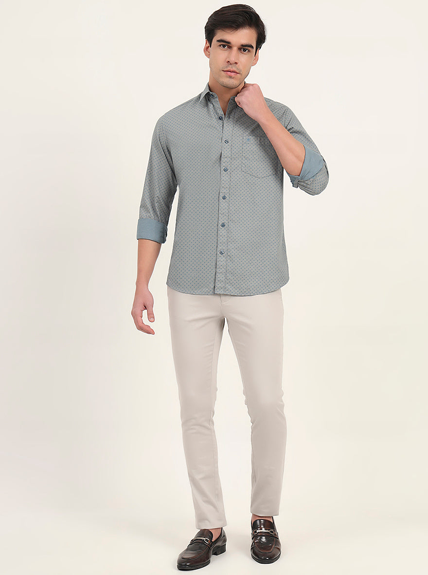 Light Grey & Green Printed Slim Fit Semi Casual Shirt | Greenfibre