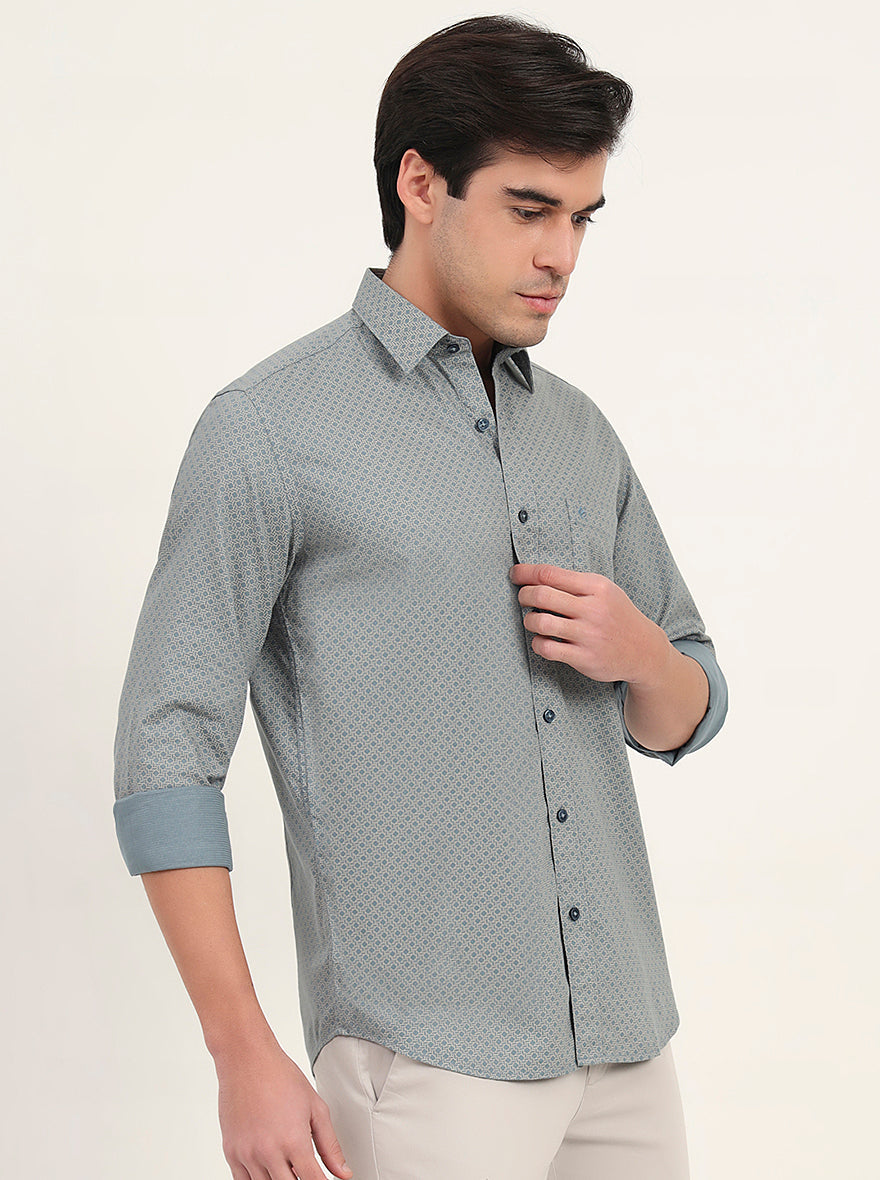 Light Grey & Green Printed Slim Fit Semi Casual Shirt | Greenfibre
