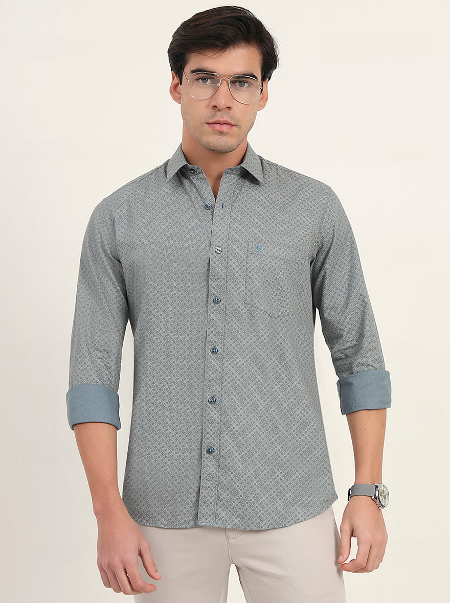 Light Grey & Green Printed Slim Fit Semi Casual Shirt | Greenfibre