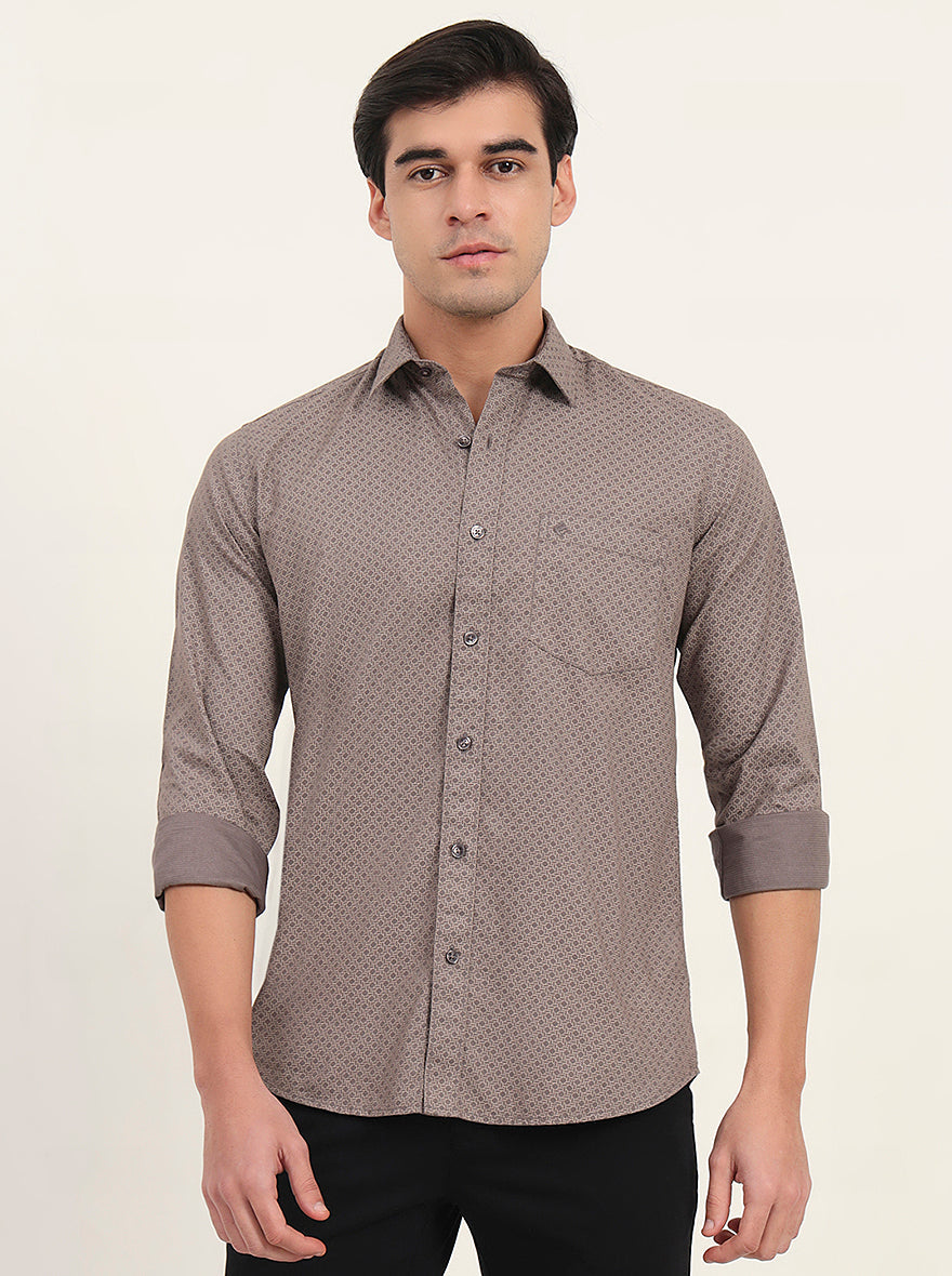 Light Brown Printed Slim Fit Semi Casual Shirt | Greenfibre