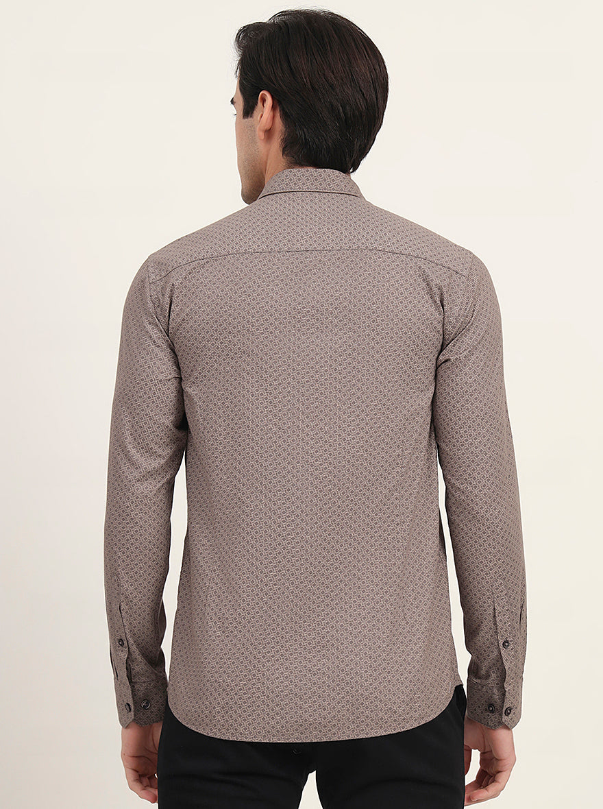 Light Brown Printed Slim Fit Semi Casual Shirt | Greenfibre
