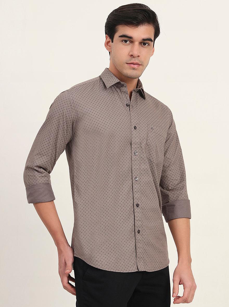Light Brown Printed Slim Fit Semi Casual Shirt | Greenfibre
