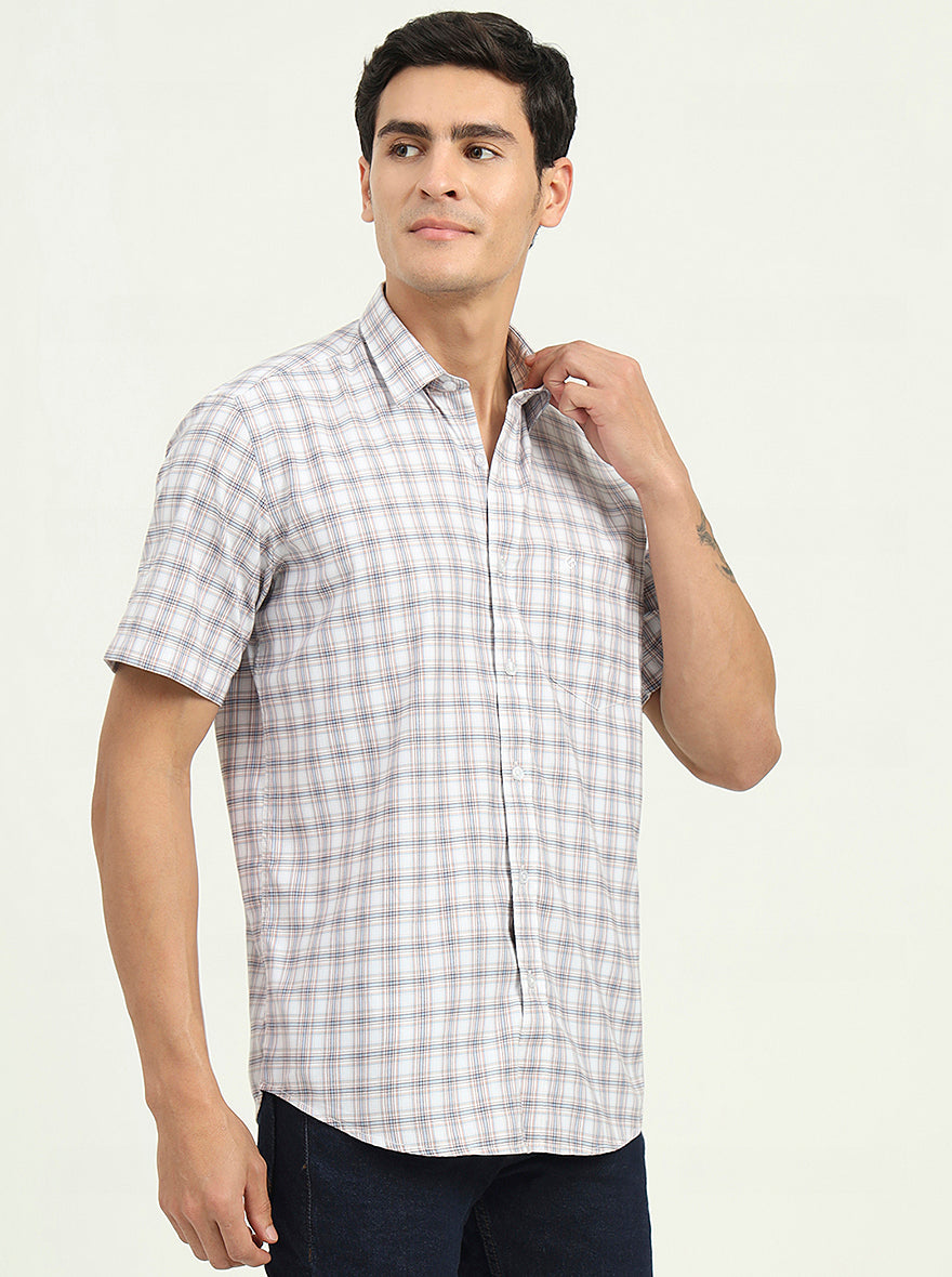 Grey & Peach Checked Slim Fit Semi Casual Shirt | Greenfibre