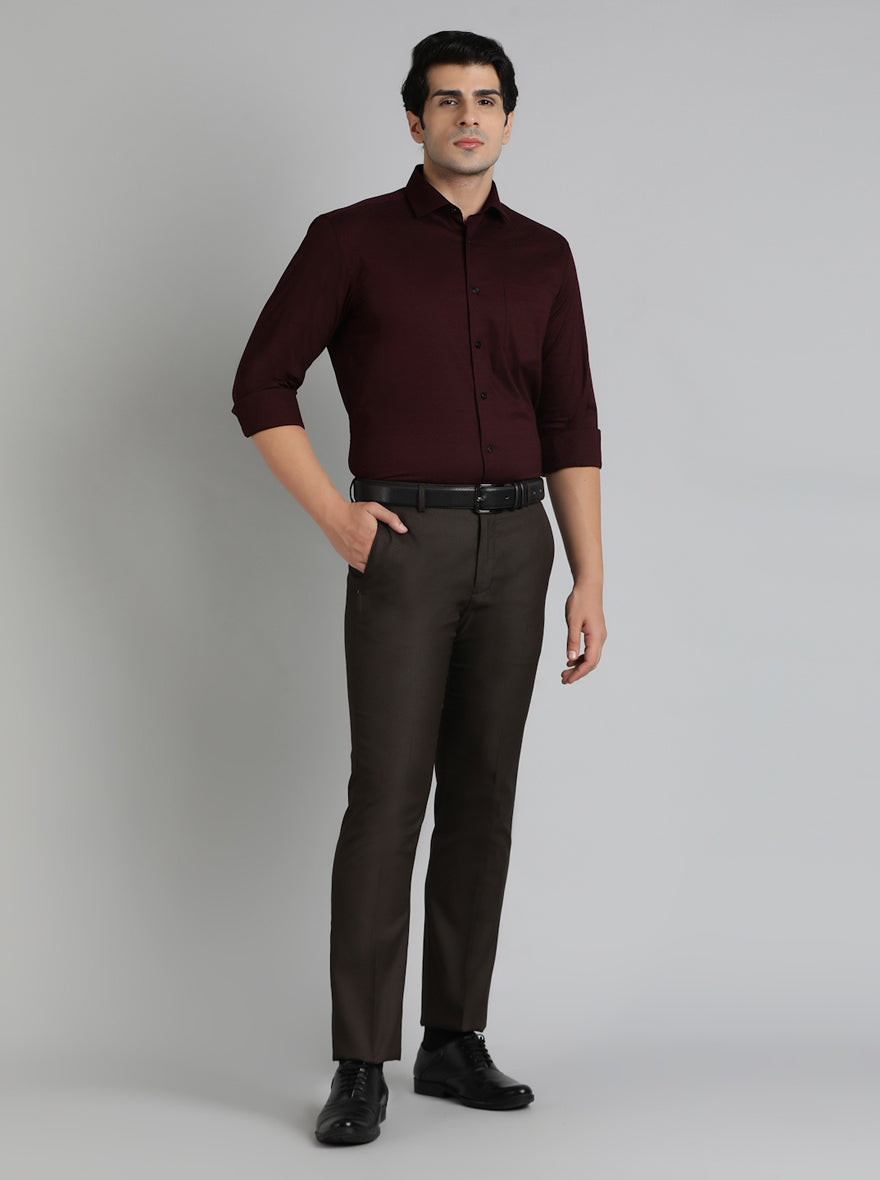 Brown Solid Slim Fit Formal Trouser | Greenfibre