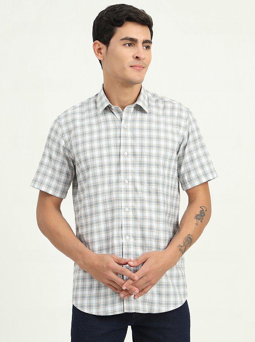 Grey & Green Checked Slim Fit Semi Casual Shirt | Greenfibre