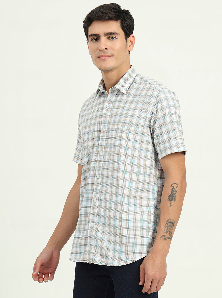Grey & Green Checked Slim Fit Semi Casual Shirt | Greenfibre