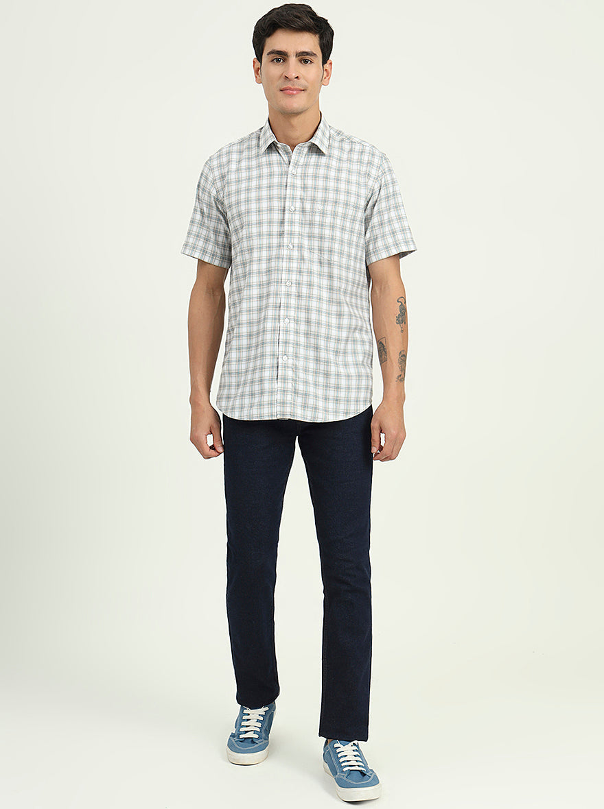 Grey & Green Checked Slim Fit Semi Casual Shirt | Greenfibre