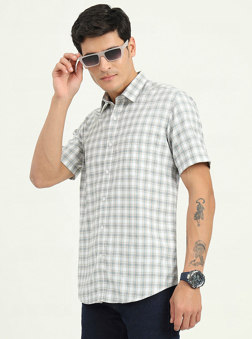 Grey & Green Checked Slim Fit Semi Casual Shirt | Greenfibre