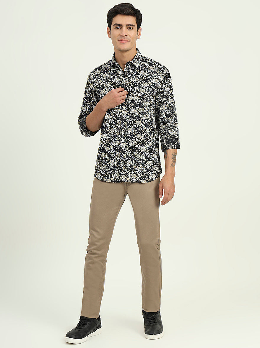 Dark Green Printed Slim Fit Casual Shirt | Greenfibre