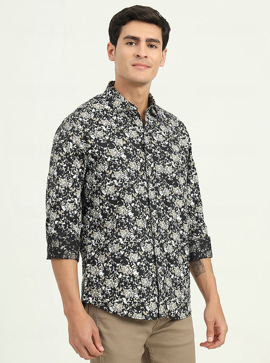 Dark Green Printed Slim Fit Casual Shirt | Greenfibre