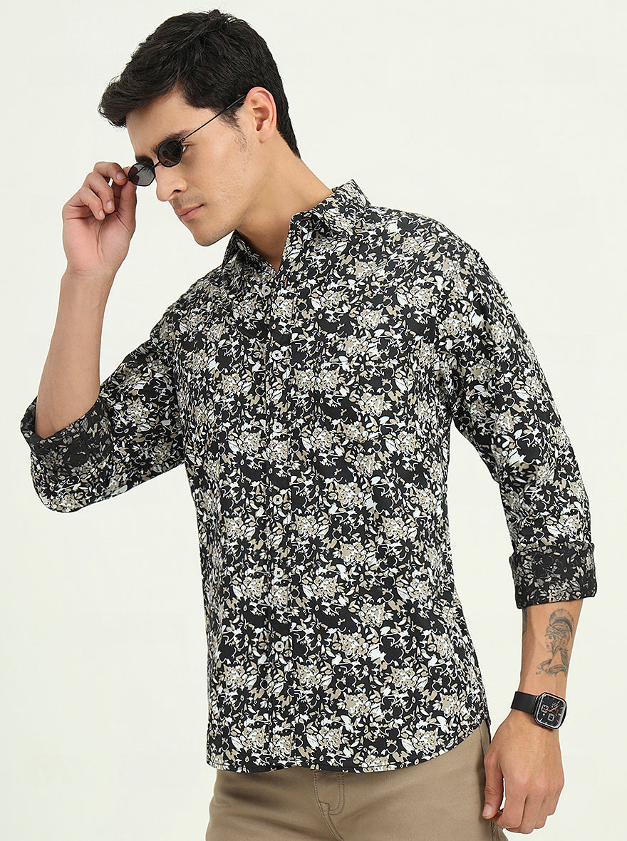 Dark Green Printed Slim Fit Casual Shirt | Greenfibre
