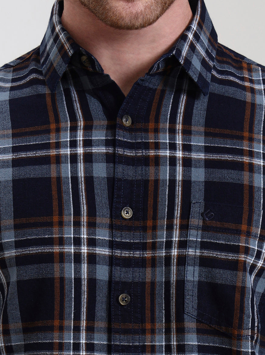 Dark Blue Checked Slim Fit Casual Shirt | Greenfibre