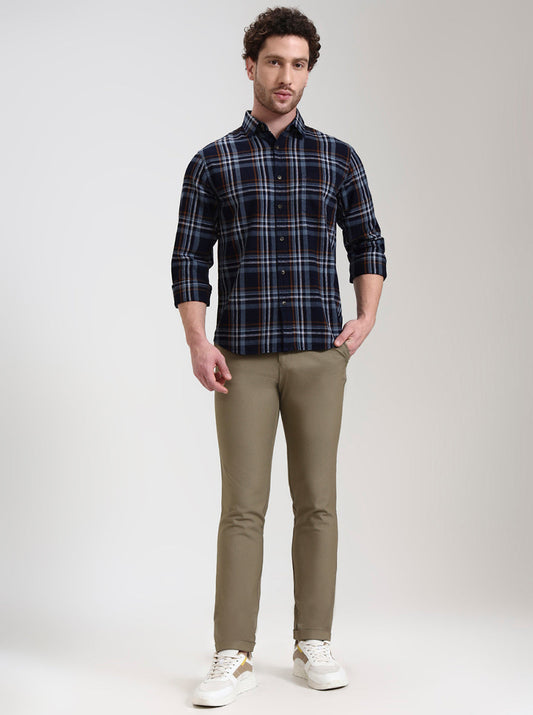 Dark Blue Checked Slim Fit Casual Shirt | Greenfibre