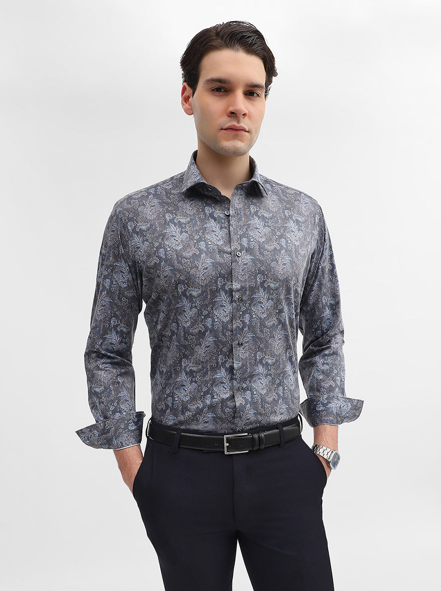 Grey Printed Slim Fit Party Wear Shirt | Greenfibre