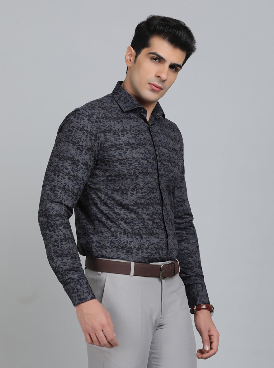 Navy Blue Printed Slim Fit Party Wear Shirt | Wyre