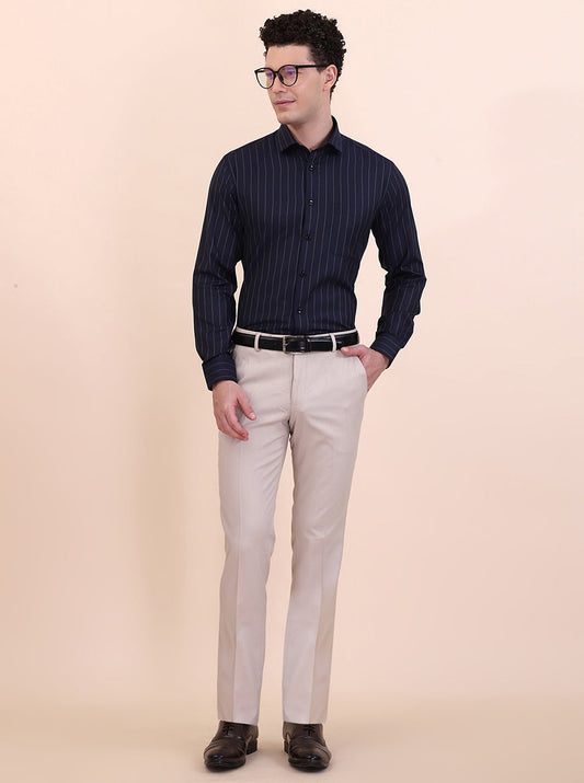 Navy Blue Striped Slim Fit Formal Shirt | Greenfibre