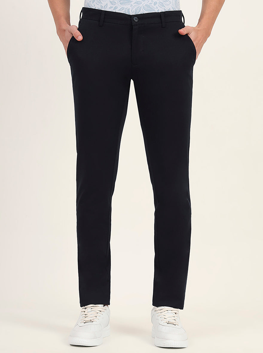 Navy Blue Solid Super Slim Fit Casual Trouser | Greenfibre