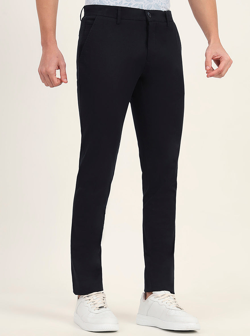 Navy Blue Solid Super Slim Fit Casual Trouser | Greenfibre