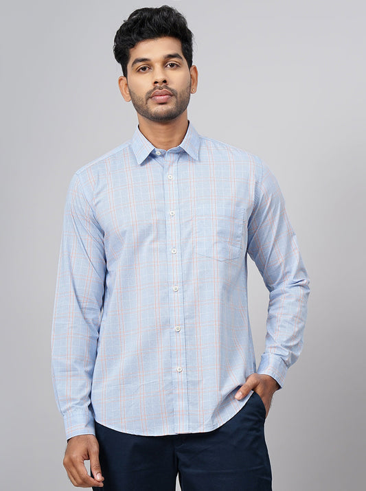 Light Blue Checked Smart Fit Semi Casual Shirt | Greenfibre