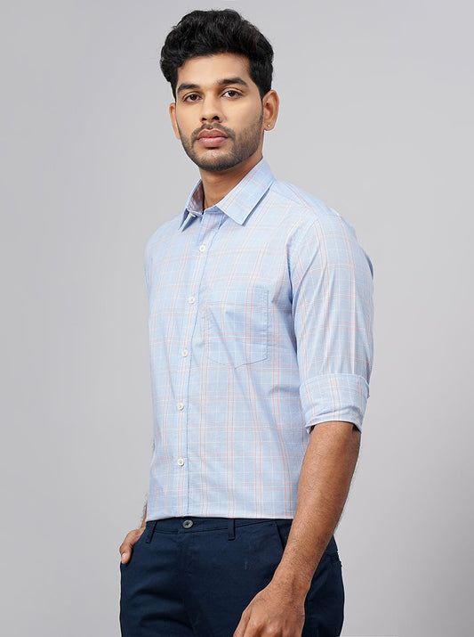Light Blue Checked Smart Fit Semi Casual Shirt | Greenfibre