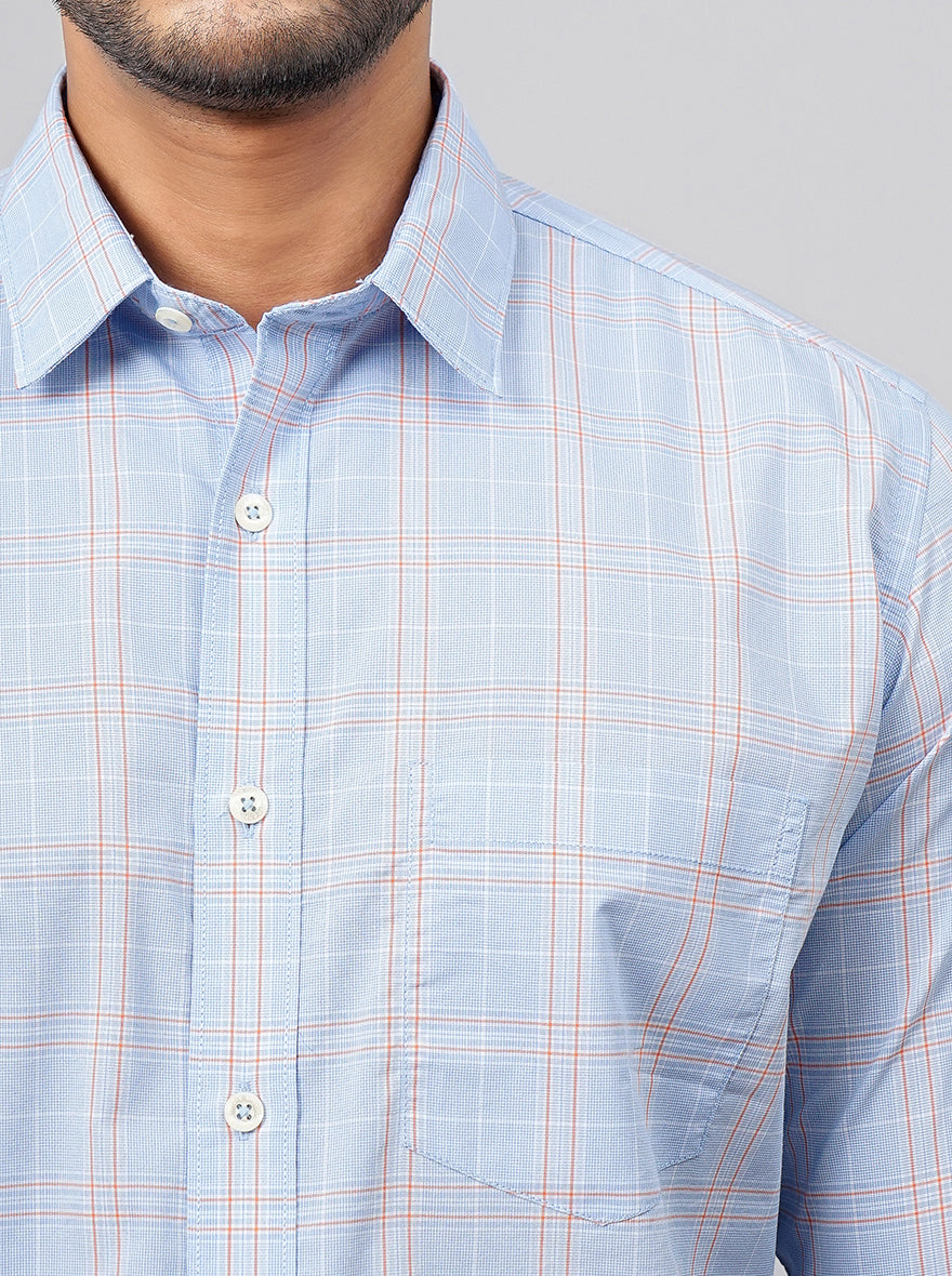 Light Blue Checked Smart Fit Semi Casual Shirt | Greenfibre
