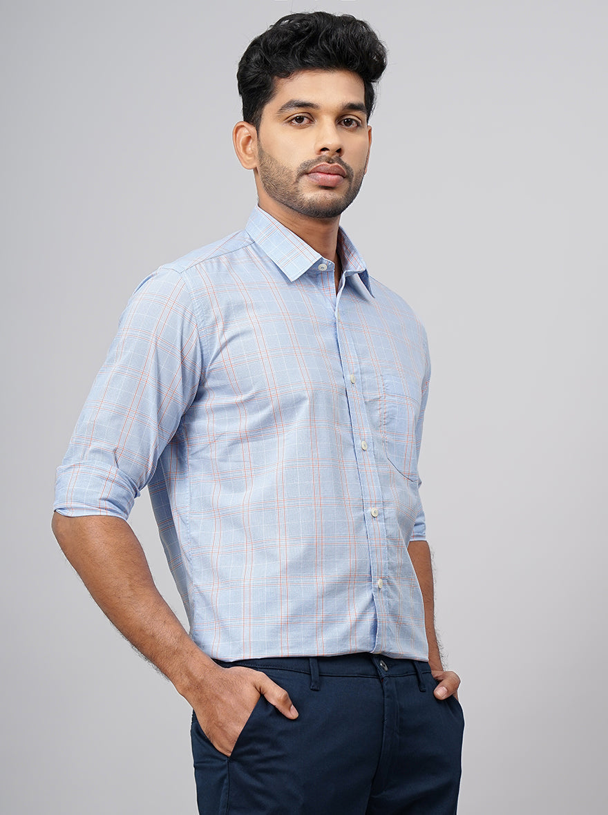 Light Blue Checked Smart Fit Semi Casual Shirt | Greenfibre