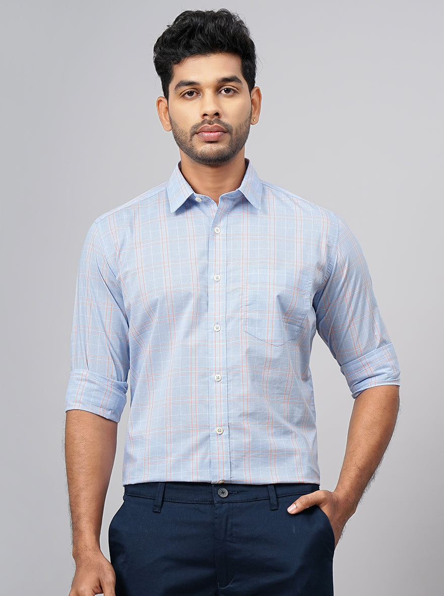 Light Blue Checked Smart Fit Semi Casual Shirt | Greenfibre
