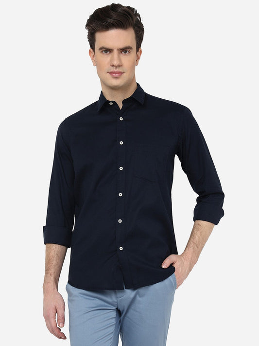 Navy Blue Solid Smart Fit Semi Casual Shirt | Greenfibre