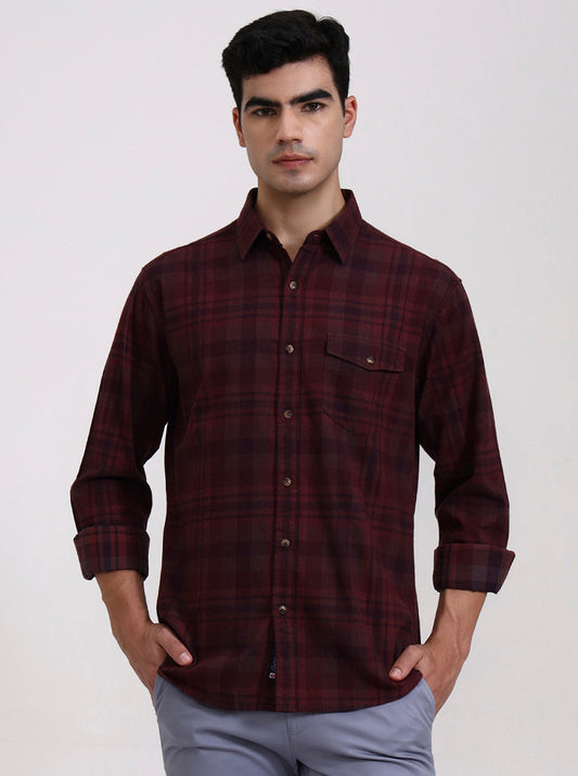 Dark Wine Checked Slim Fit Casual Shirt | Greenfibre