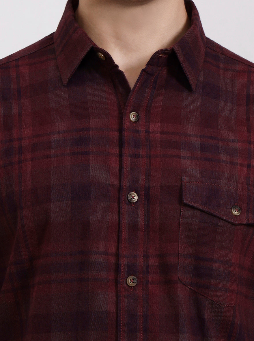 Dark Wine Checked Slim Fit Casual Shirt | Greenfibre