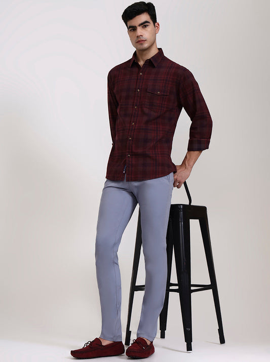 Dark Wine Checked Slim Fit Casual Shirt | Greenfibre