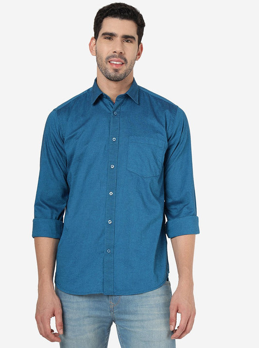 Peacock Blue Solid Smart Fit Semi Casual Shirt | Greenfibre