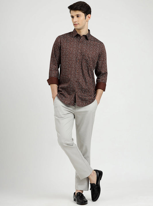 Brown Printed Smart Fit Semi Casual Shirt | Greenfibre