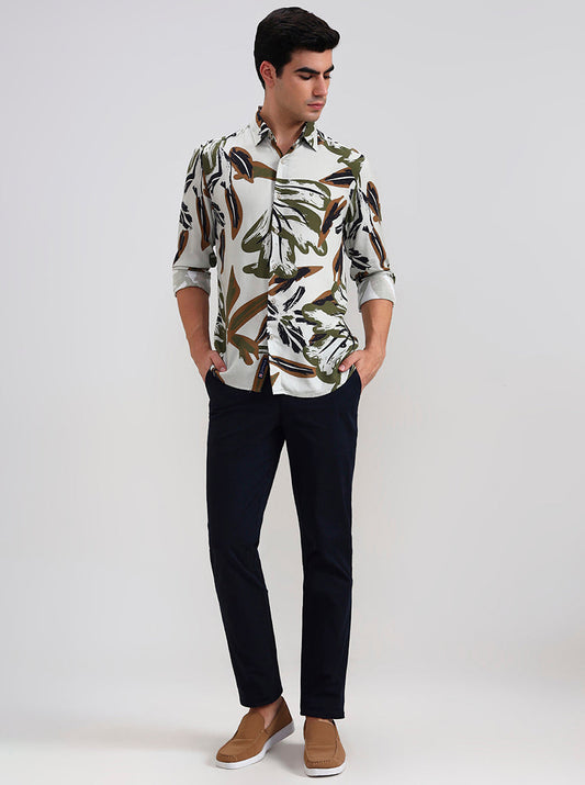 Olive Grey Printed Slim Fit Casual Shirt | Greenfibre