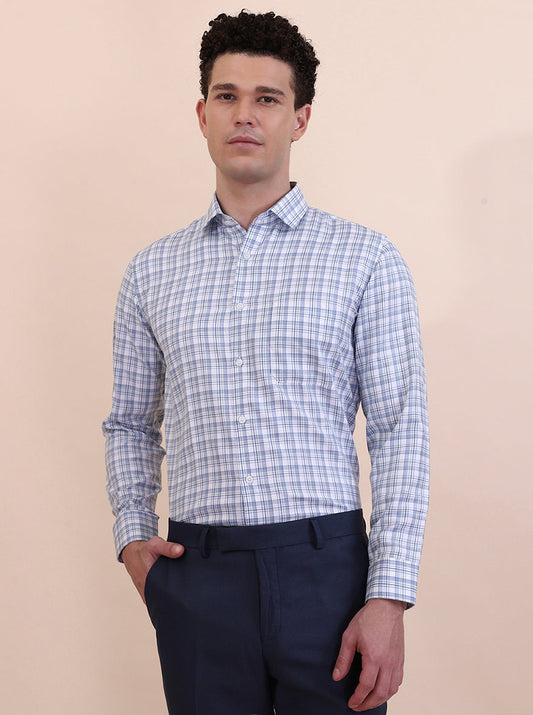 White & Blue Checked Slim Fit Formal Shirt | Greenfibre
