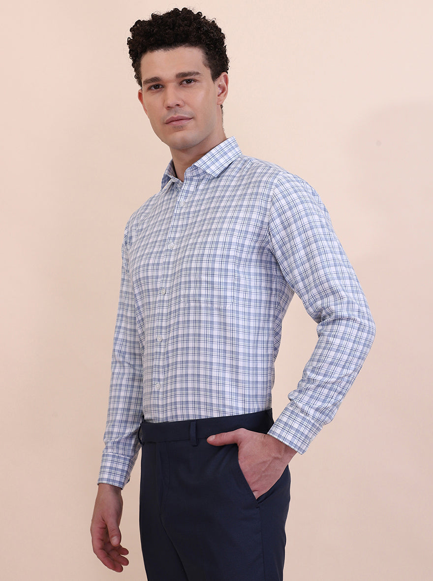 White & Blue Checked Slim Fit Formal Shirt | Greenfibre