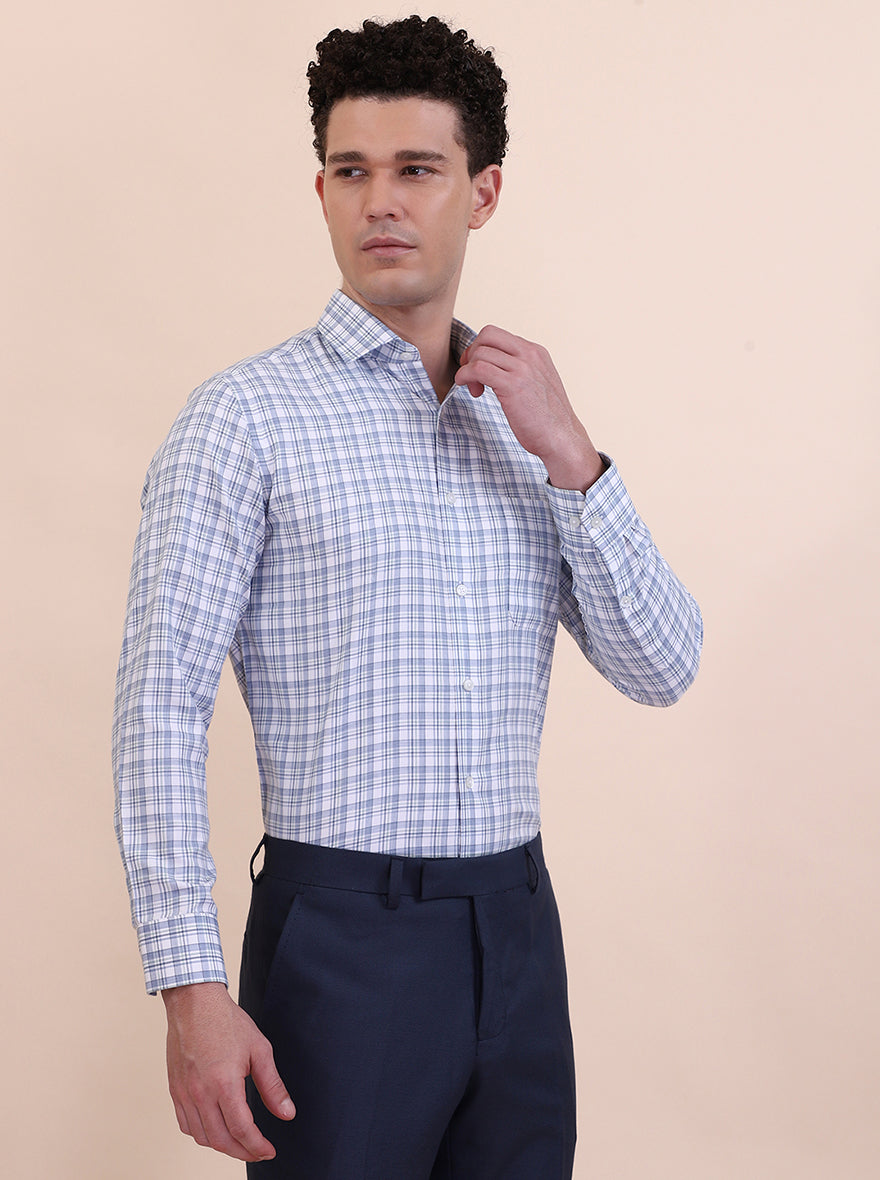 White & Blue Checked Slim Fit Formal Shirt | Greenfibre