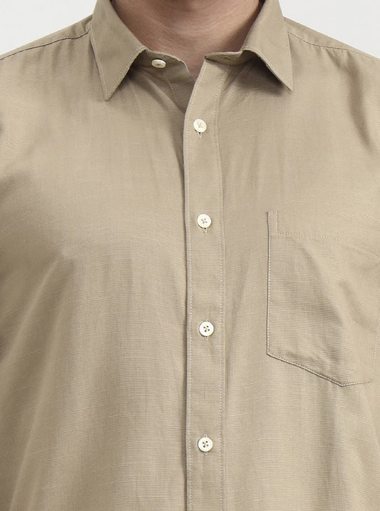 Khaki Solid Tailored Fit Semi Casual Shirt | Greenfibre