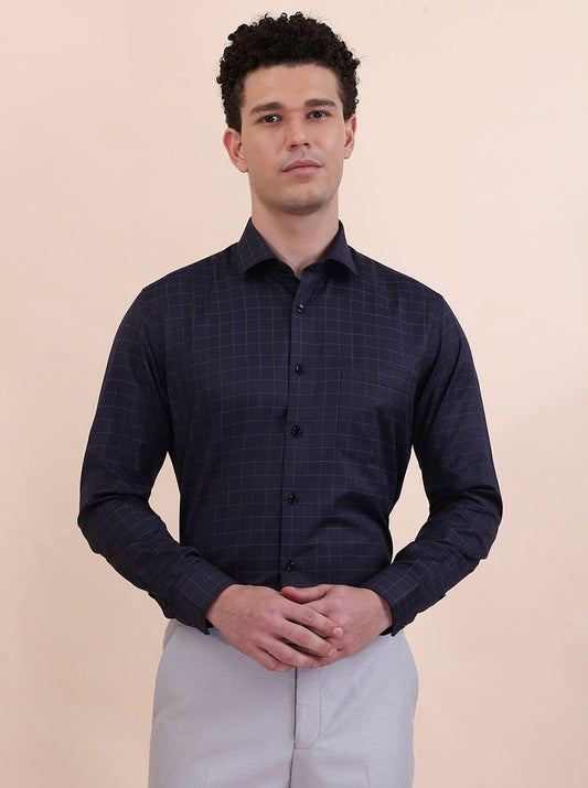 Navy Blue Checked Slim Fit Formal Shirt | Greenfibre