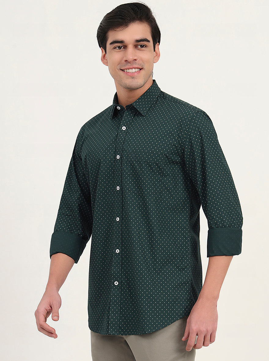Green Printed Slim Fit Semi Casual Shirt | Greenfibre